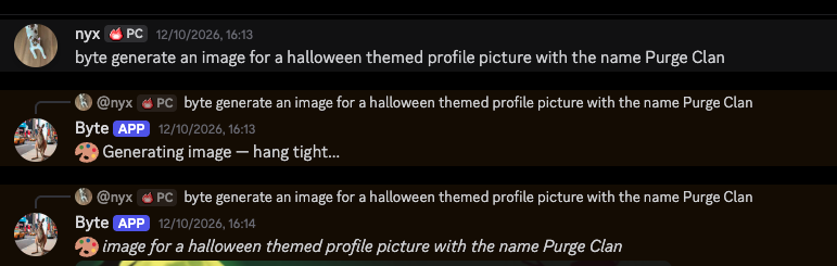 A Discord chat: a user asks Byte for a Halloween profile picture named Purge Clan, Byte replies 'Generating image — hang tight…' and then posts it