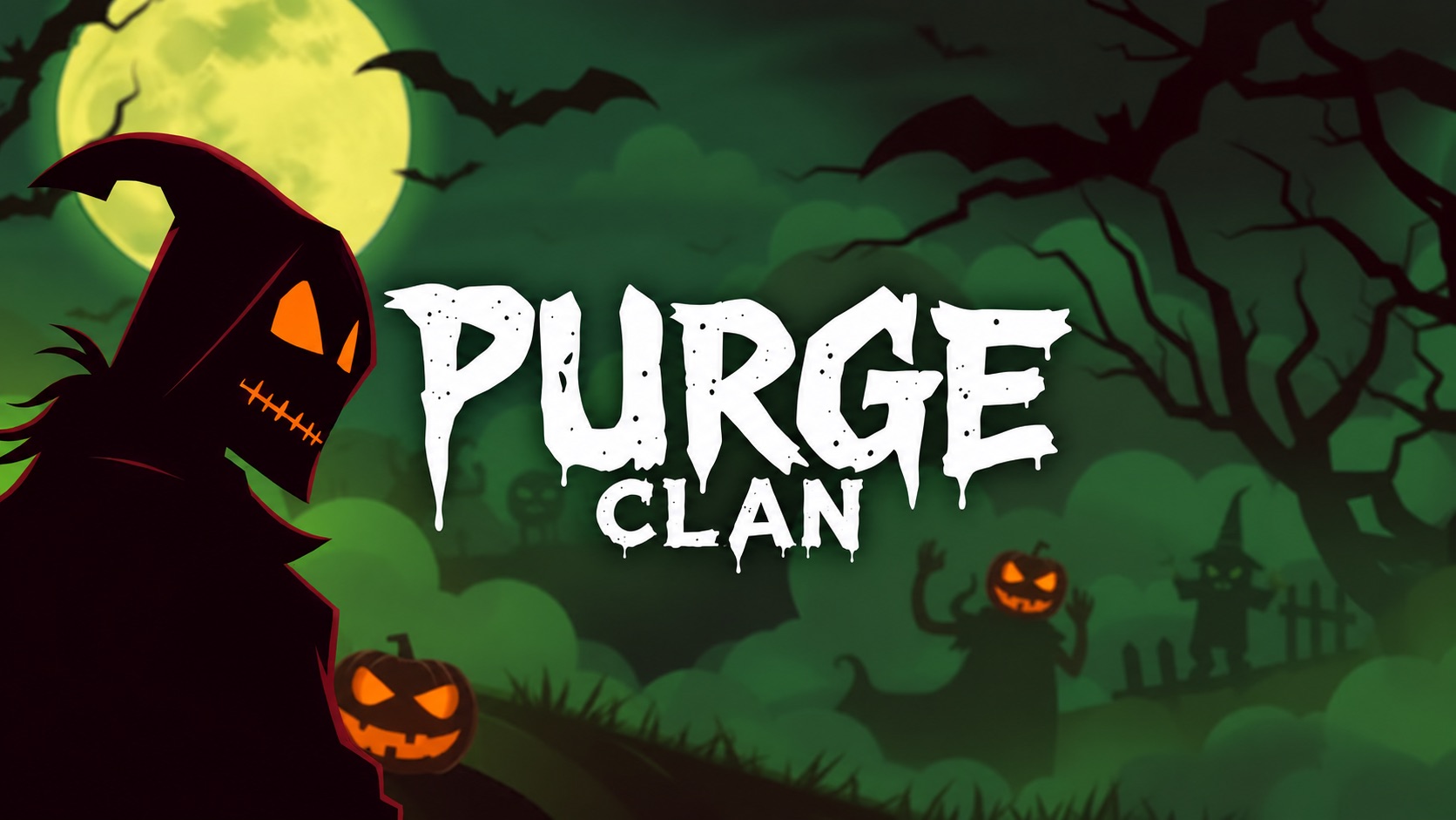 Byte's image: a hooded figure with glowing orange eyes, a full moon, bats and jack-o'-lanterns, with PURGE CLAN in dripping white letters